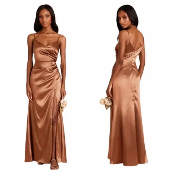 Birdy Grey Catherine Dress Rust Small Satin Maxi Bridesmaid Bridal Metallic Gold - Picture 1 of 4